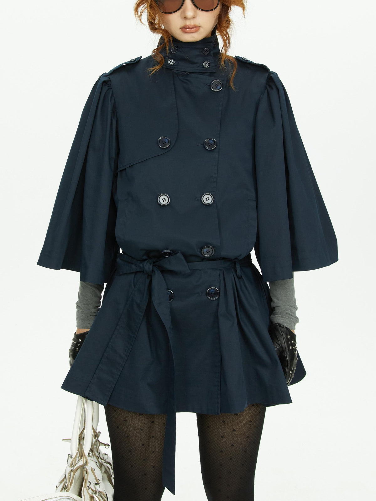 YOSHUYUKI Cape Sleeve Double Breasted Stand Collar Belted Women&