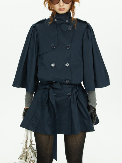 YOSHUYUKI Cape Sleeve Double Breasted Stand Collar Belted Women&