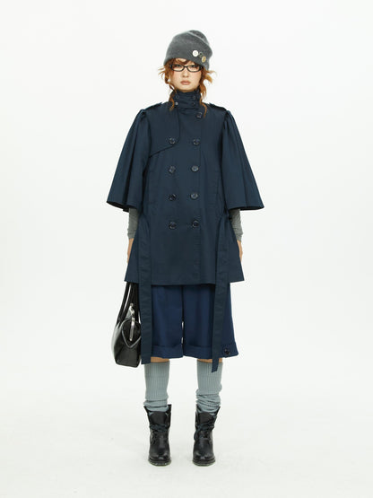 YOSHUYUKI Cape Sleeve Double Breasted Stand Collar Belted Women&
