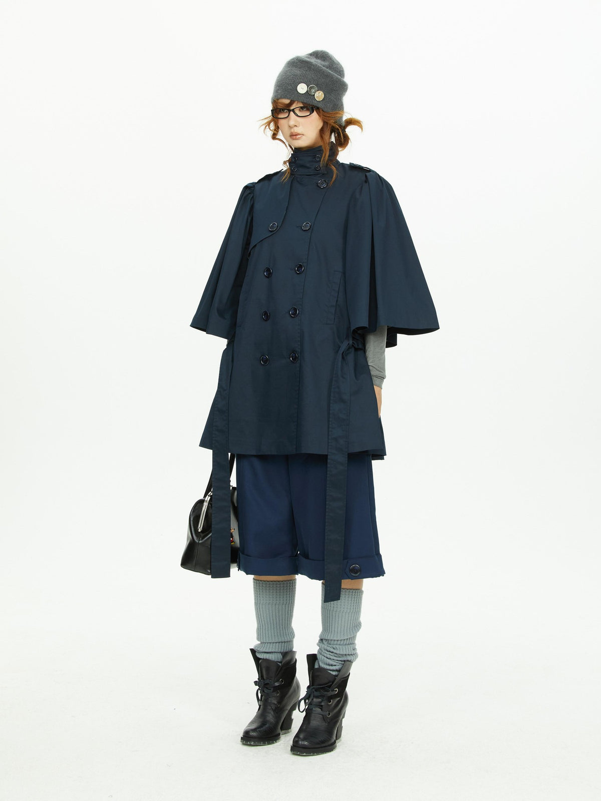 YOSHUYUKI Cape Sleeve Double Breasted Stand Collar Belted Women&