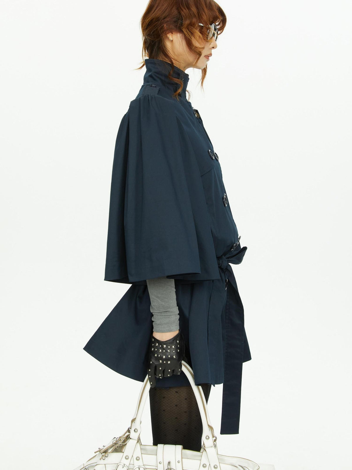 YOSHUYUKI Cape Sleeve Double Breasted Stand Collar Belted Women&