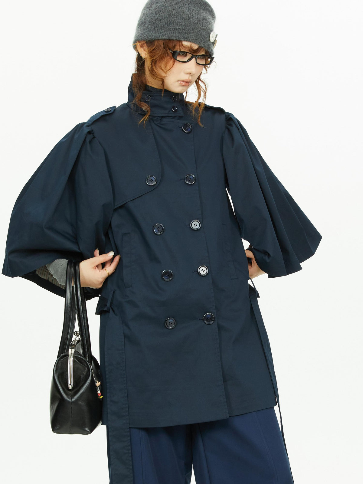 YOSHUYUKI Cape Sleeve Double Breasted Stand Collar Belted Women&