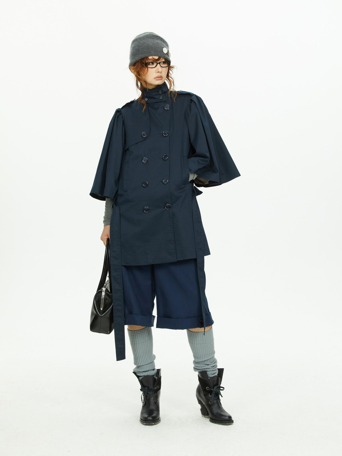 YOSHUYUKI Cape Sleeve Double Breasted Stand Collar Belted Women&
