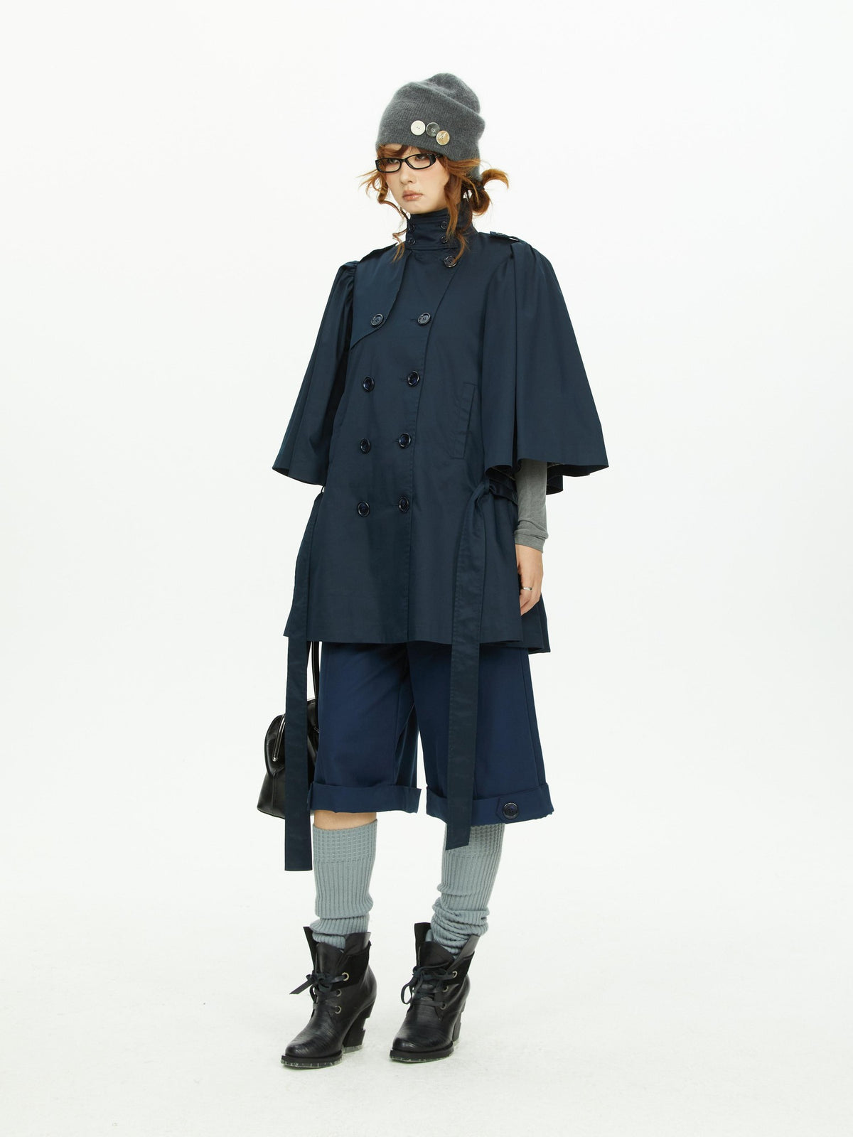 YOSHUYUKI Cape Sleeve Double Breasted Stand Collar Belted Women&