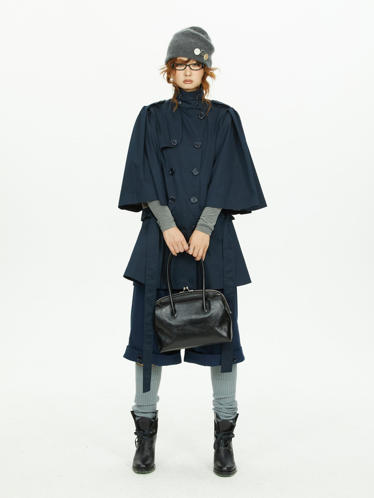 YOSHUYUKI Cape Sleeve Double Breasted Stand Collar Belted Women&