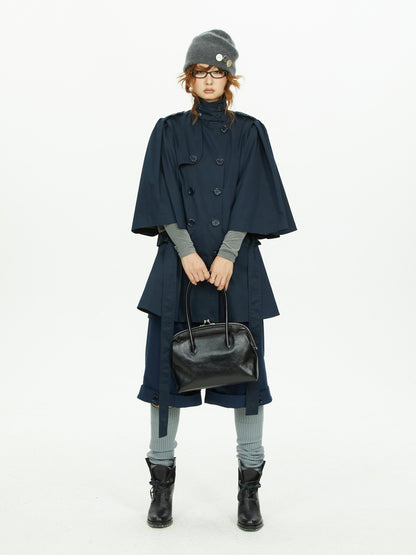 YOSHUYUKI Cape Sleeve Double Breasted Stand Collar Belted Women&