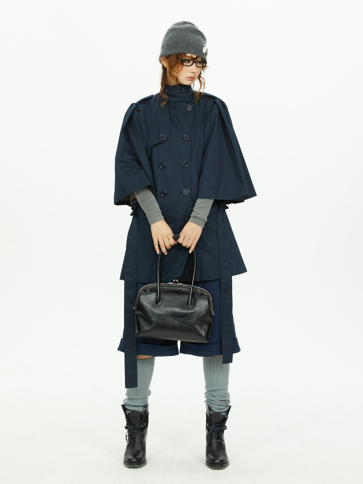 YOSHUYUKI Cape Sleeve Double Breasted Stand Collar Belted Women&
