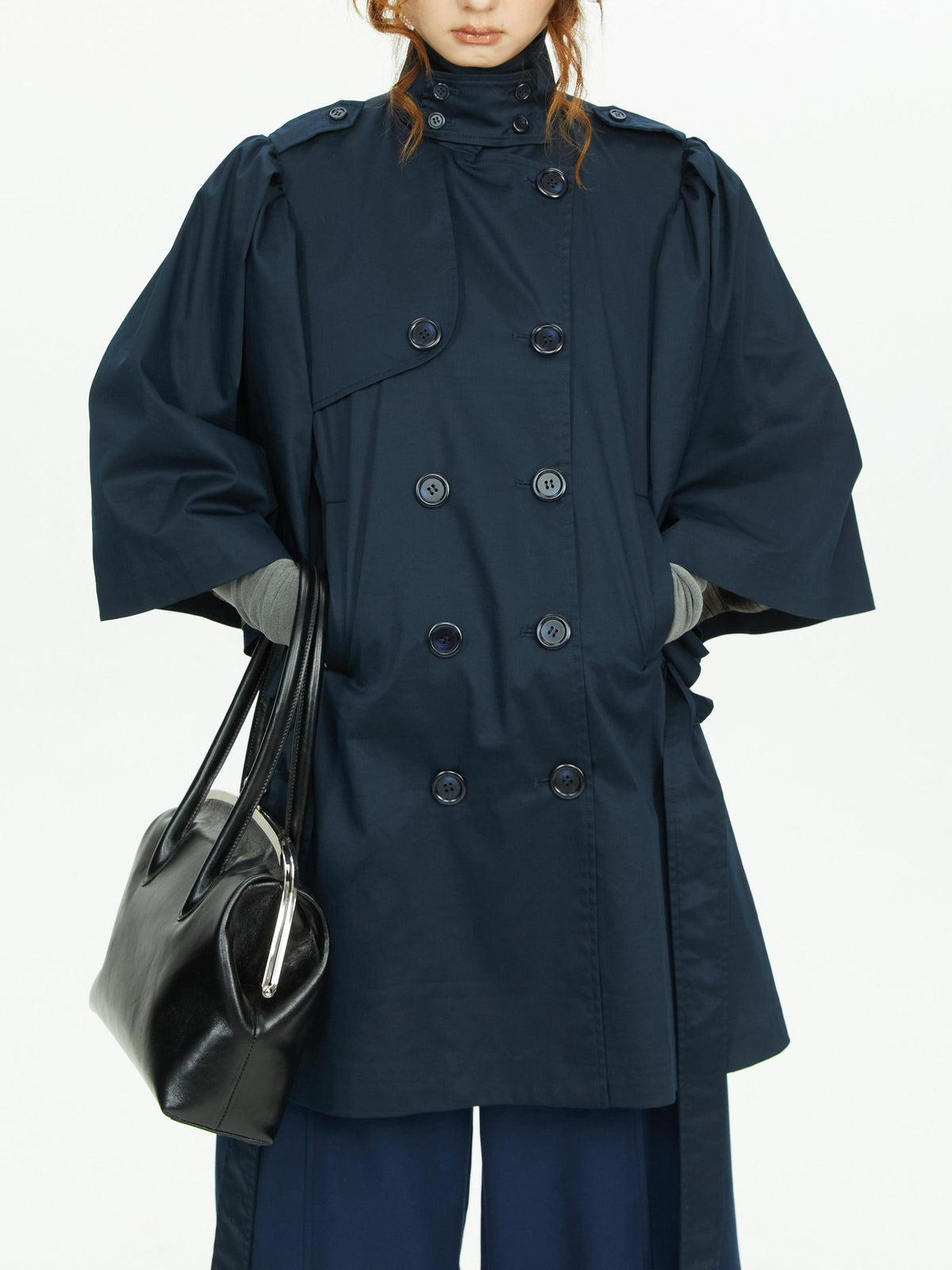 YOSHUYUKI Cape Sleeve Double Breasted Stand Collar Belted Women&
