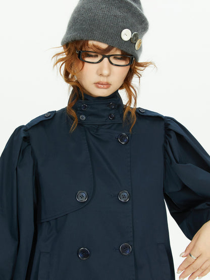 YOSHUYUKI Cape Sleeve Double Breasted Stand Collar Belted Women&