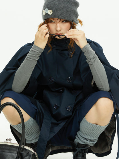 YOSHUYUKI Cape Sleeve Double Breasted Stand Collar Belted Women&