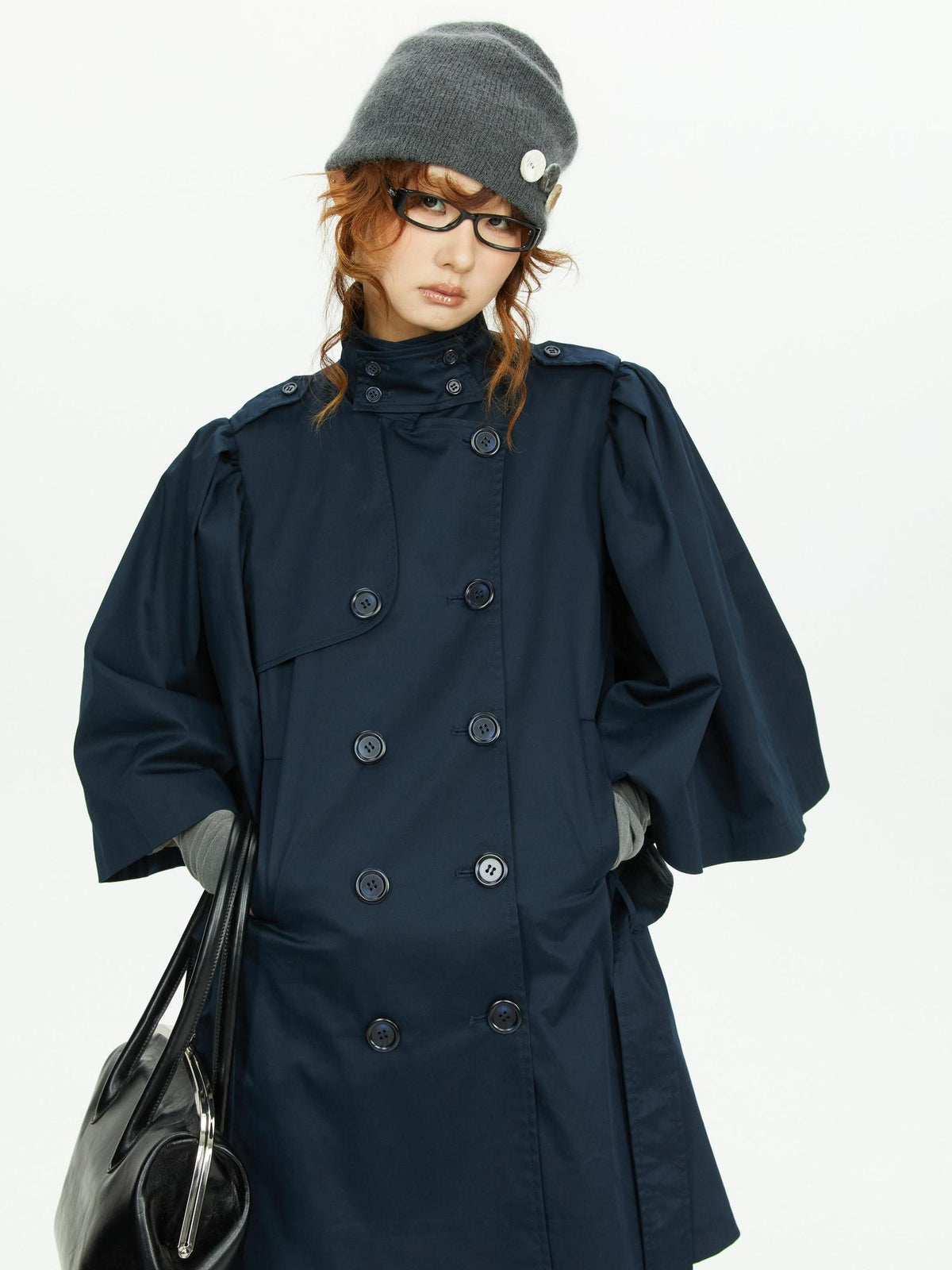 YOSHUYUKI Cape Sleeve Double Breasted Stand Collar Belted Women&