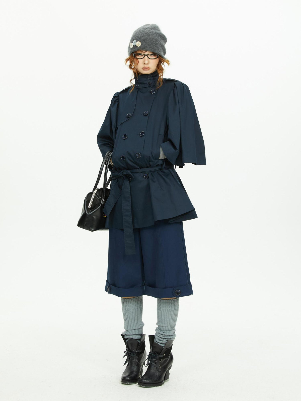 YOSHUYUKI Cape Sleeve Double Breasted Stand Collar Belted Women&