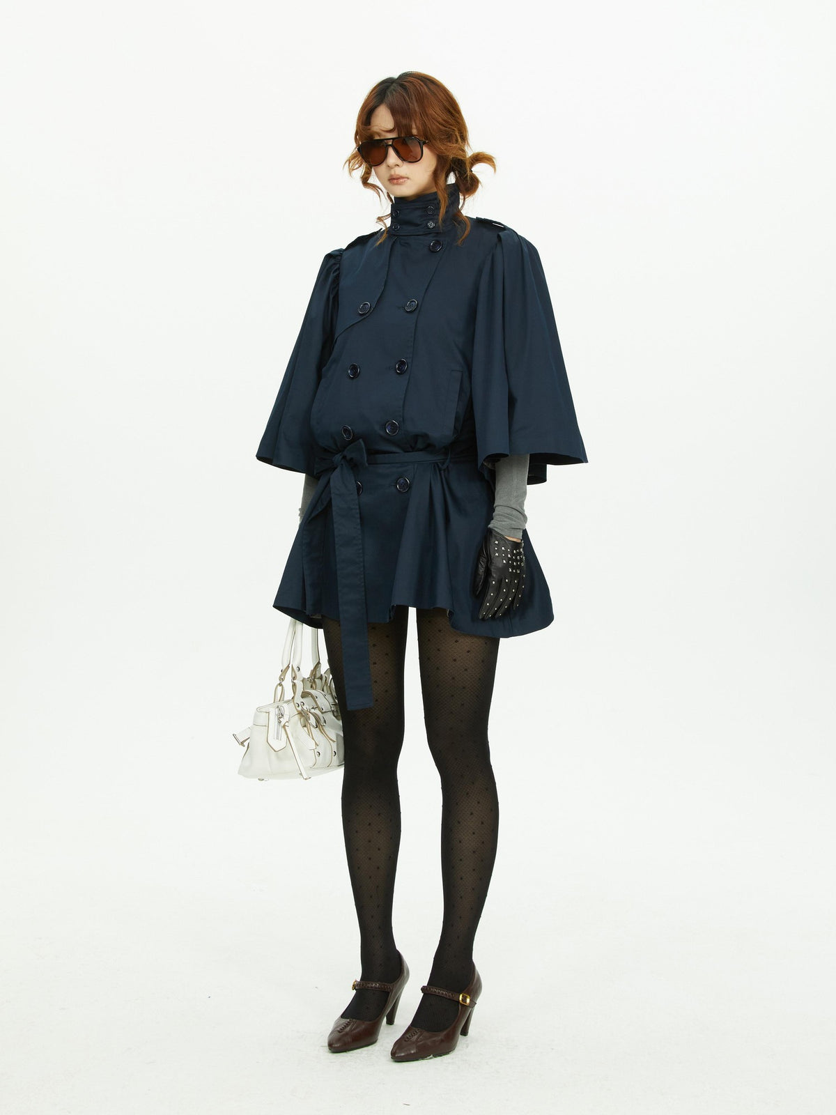YOSHUYUKI Cape Sleeve Double Breasted Stand Collar Belted Women&