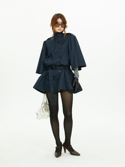 YOSHUYUKI Cape Sleeve Double Breasted Stand Collar Belted Women&