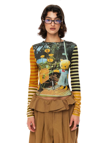 YOSHUYUKI Cat Garden Print Tee With Green Yellow Striped Sleeves V Neck T Shirt Long Sleeve