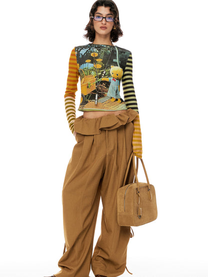 YOSHUYUKI Cat Garden Print Tee With Green Yellow Striped Sleeves V Neck T Shirt Long Sleeve