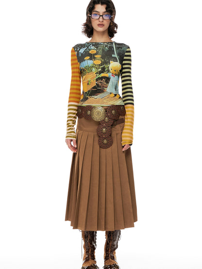 YOSHUYUKI Cat Garden Print Tee With Green Yellow Striped Sleeves V Neck T Shirt Long Sleeve