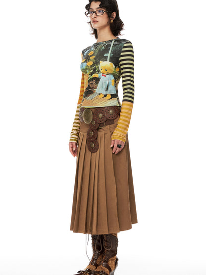 YOSHUYUKI Cat Garden Print Tee With Green Yellow Striped Sleeves V Neck T Shirt Long Sleeve