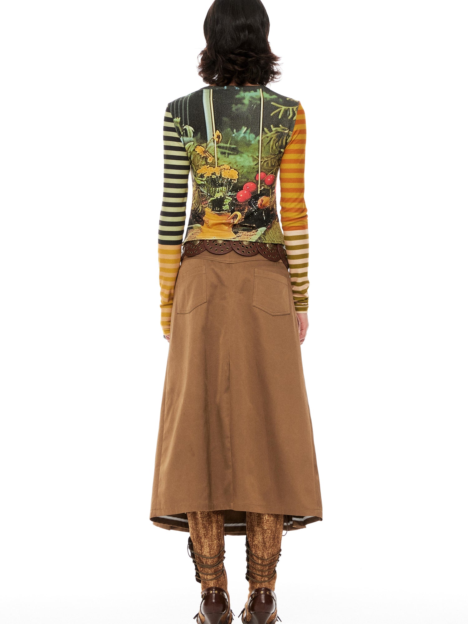 YOSHUYUKI Cat Garden Print Tee With Green Yellow Striped Sleeves V Neck T Shirt Long Sleeve