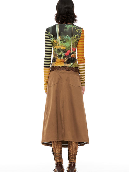 YOSHUYUKI Cat Garden Print Tee With Green Yellow Striped Sleeves V Neck T Shirt Long Sleeve