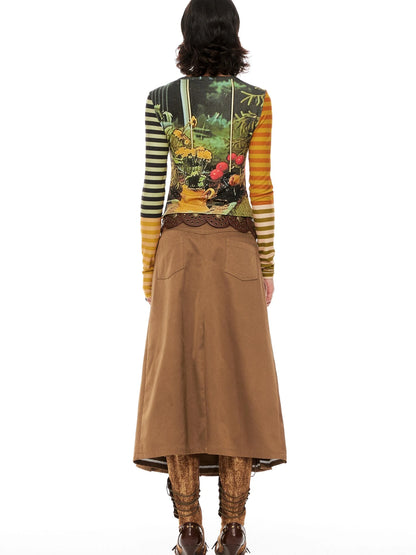 Cat Garden Print Tee With Green Yellow Striped Sleeves V Neck T Shirt Long Sleeve