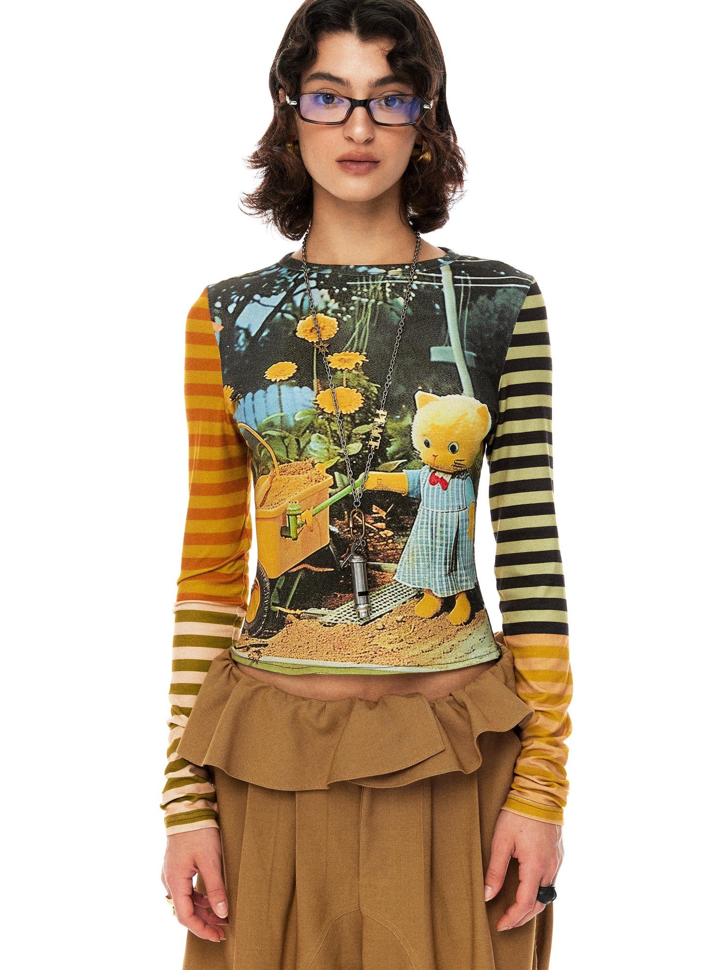 YOSHUYUKI Cat Garden Print Tee With Green Yellow Striped Sleeves V Neck T Shirt Long Sleeve