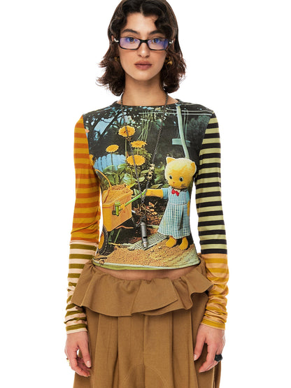 YOSHUYUKI Cat Garden Print Tee With Green Yellow Striped Sleeves V Neck T Shirt Long Sleeve