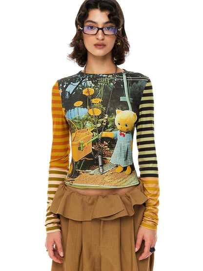 Cat Garden Print Tee With Green Yellow Striped Sleeves V Neck T Shirt Long Sleeve