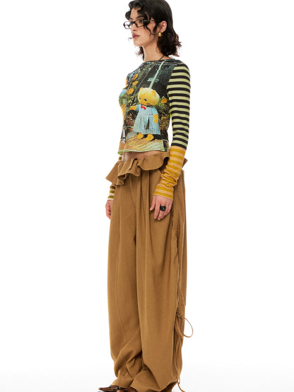 YOSHUYUKI Cat Garden Print Tee With Green Yellow Striped Sleeves V Neck T Shirt Long Sleeve