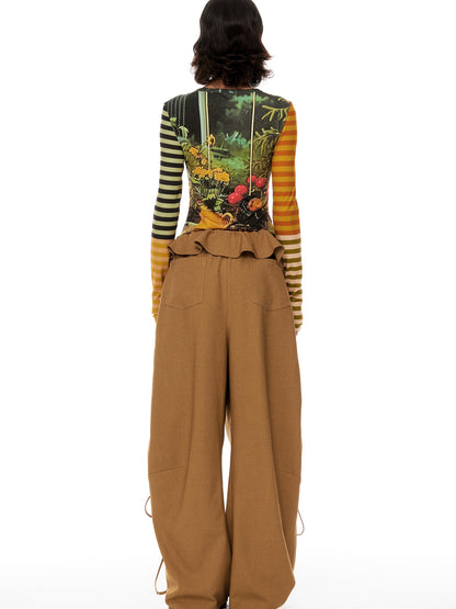 YOSHUYUKI Cat Garden Print Tee With Green Yellow Striped Sleeves V Neck T Shirt Long Sleeve