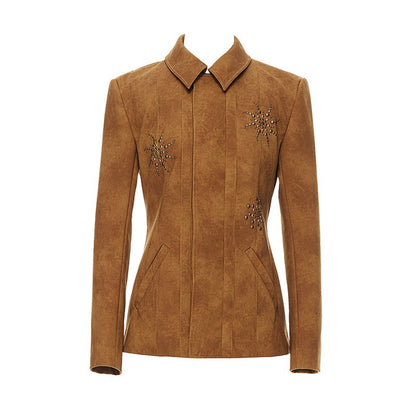 YOSHUYUKI_Chestnut_Suede_Rhinestone_Waist_Cinch_Slim_Blazer_Women&