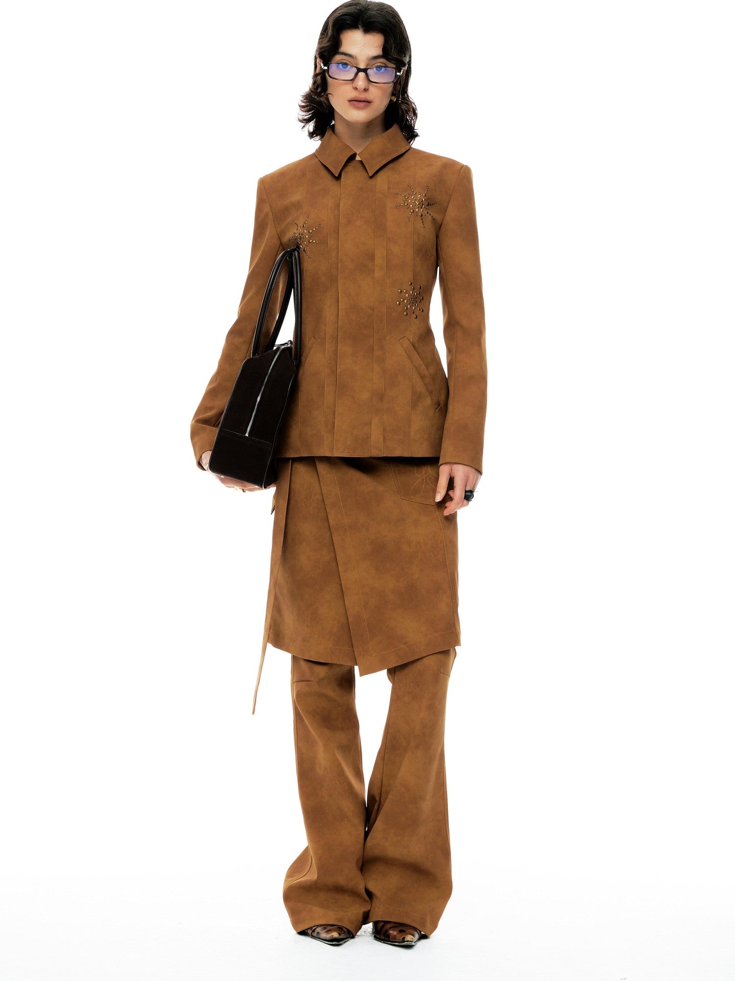 YOSHUYUKI Chestnut Suede Rhinestone Waist Cinch Slim Blazer Women&