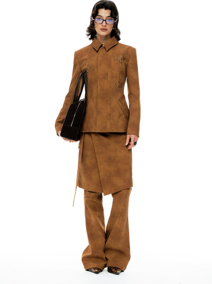 YOSHUYUKI Chestnut Suede Rhinestone Waist Cinch Slim Blazer Women&