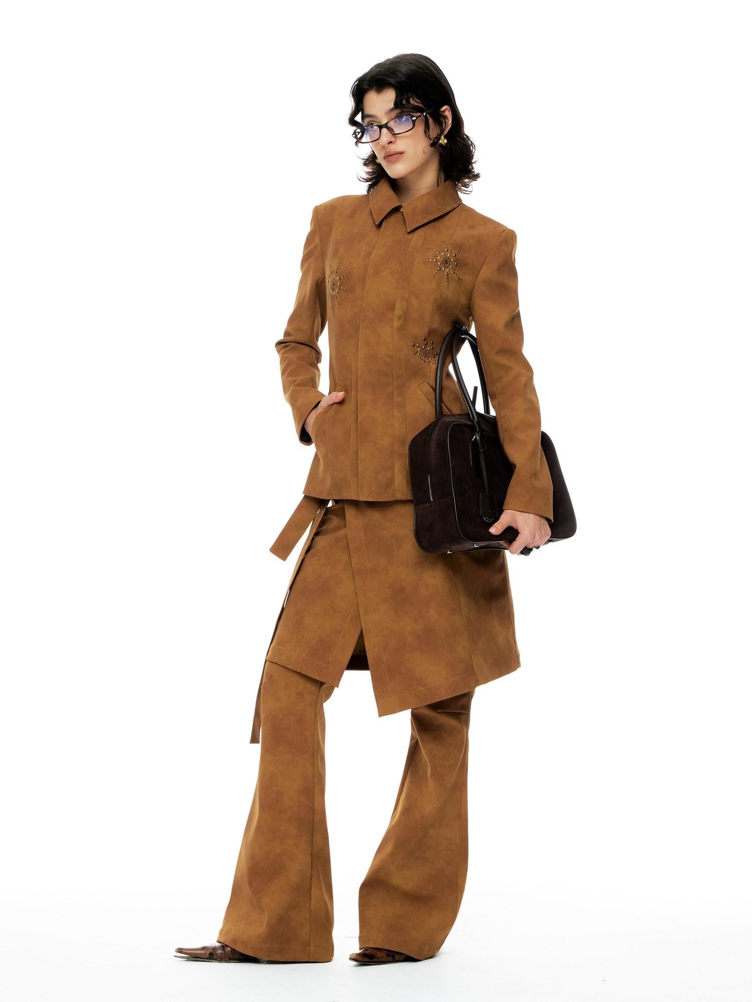 YOSHUYUKI Chestnut Suede Rhinestone Waist Cinch Slim Blazer Women&
