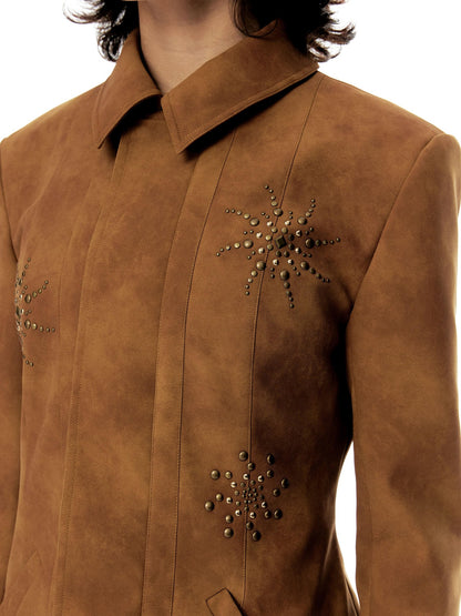 YOSHUYUKI Chestnut Suede Rhinestone Waist Cinch Slim Blazer Women&