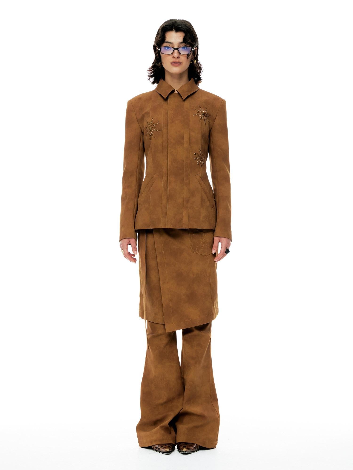 YOSHUYUKI Chestnut Suede Rhinestone Waist Cinch Slim Blazer Women&