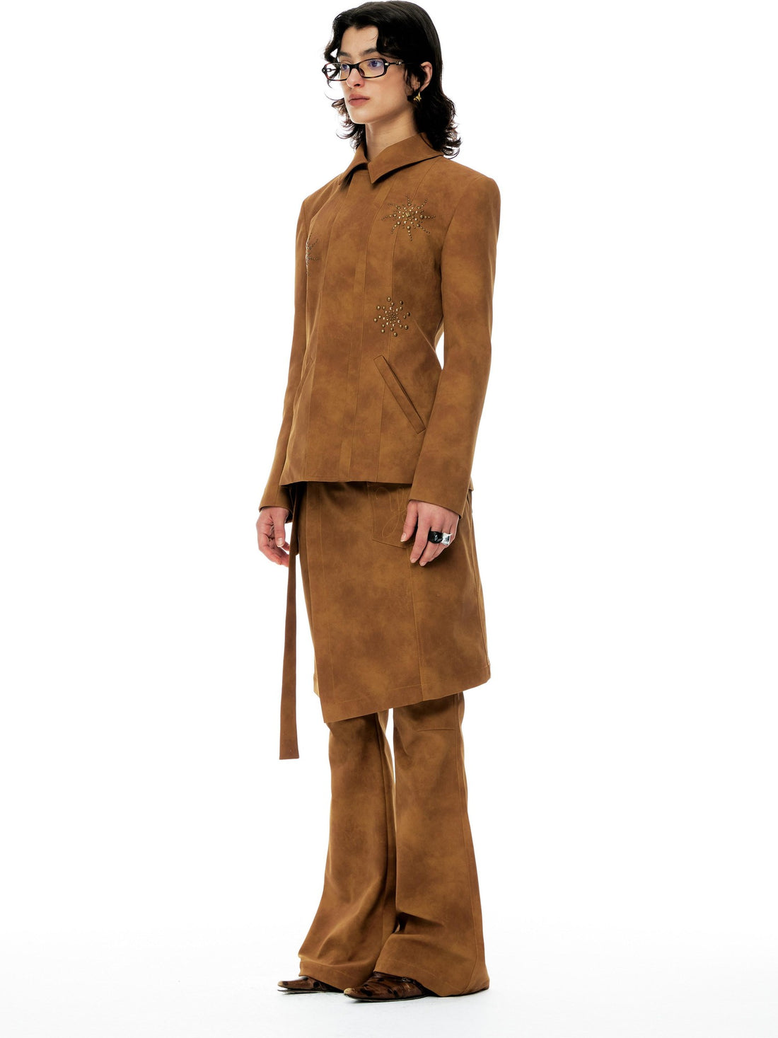 YOSHUYUKI Chestnut Suede Rhinestone Waist Cinch Slim Blazer Women&