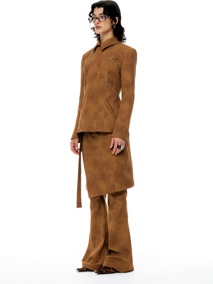 YOSHUYUKI Chestnut Suede Rhinestone Waist Cinch Slim Blazer Women&
