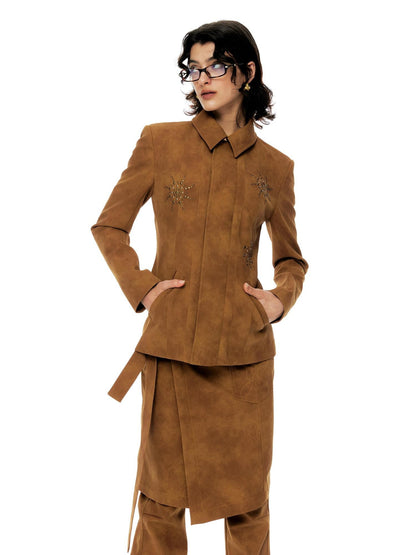 YOSHUYUKI Chestnut Suede Rhinestone Waist Cinch Slim Blazer Women&