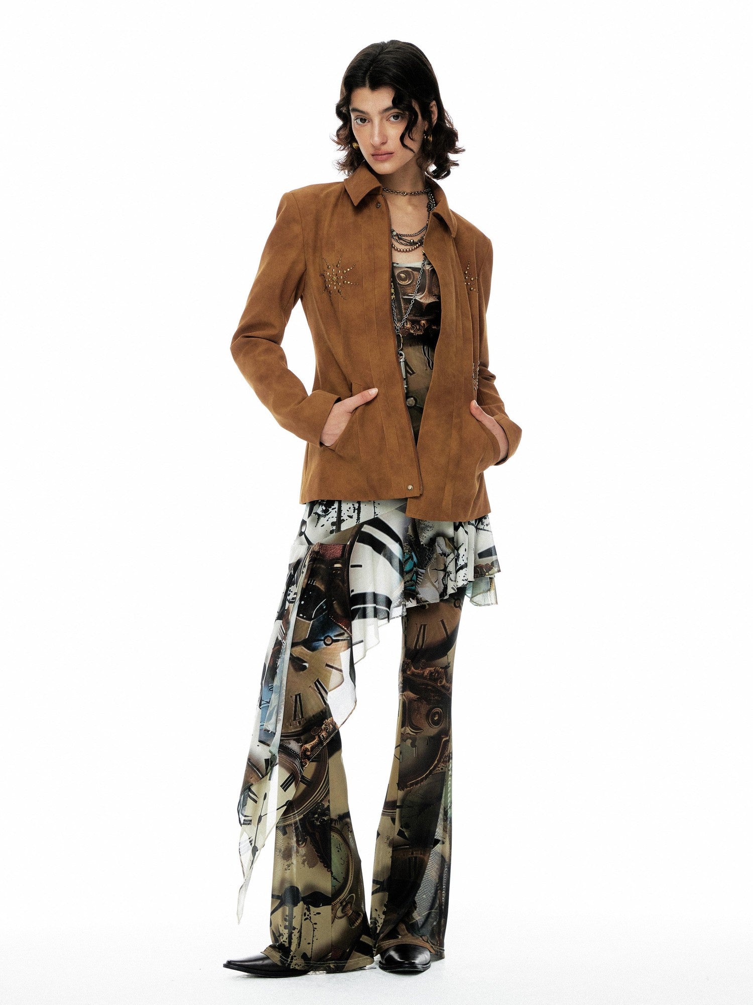 YOSHUYUKI Chestnut Suede Rhinestone Waist Cinch Slim Blazer Women&
