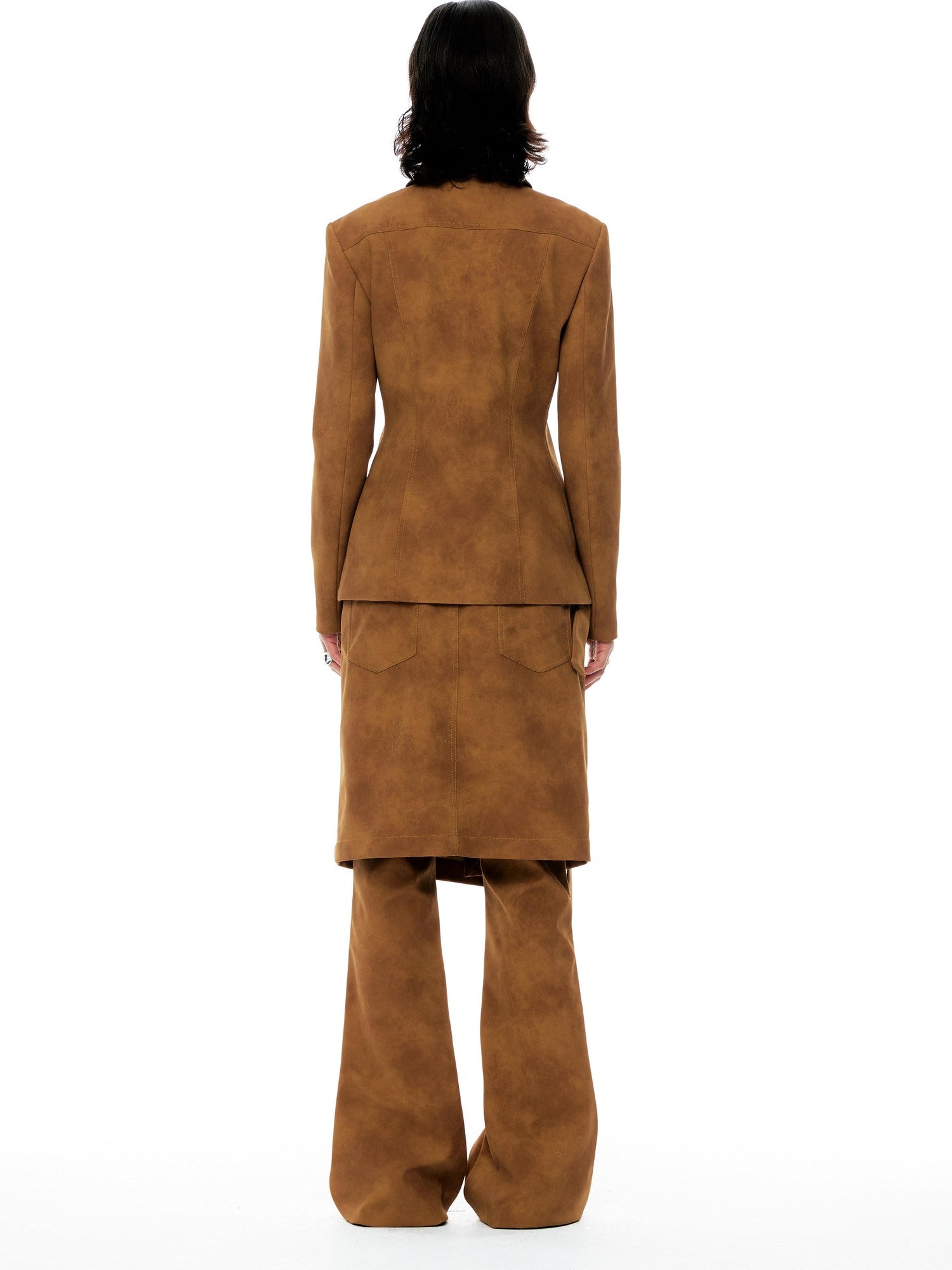 YOSHUYUKI Chestnut Suede Rhinestone Waist Cinch Slim Blazer Women&