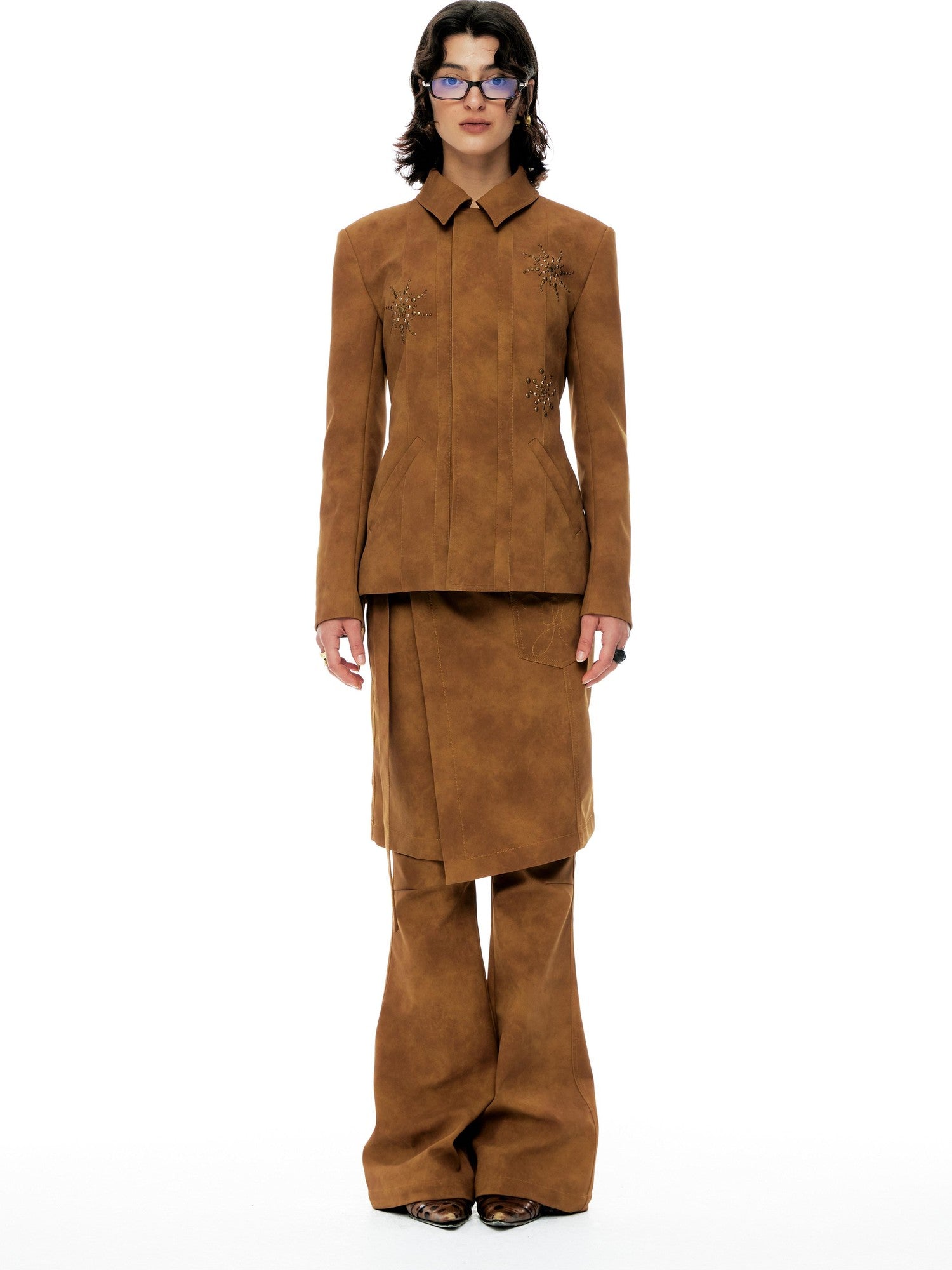YOSHUYUKI Chestnut Suede Rhinestone Waist Cinch Slim Blazer Women&