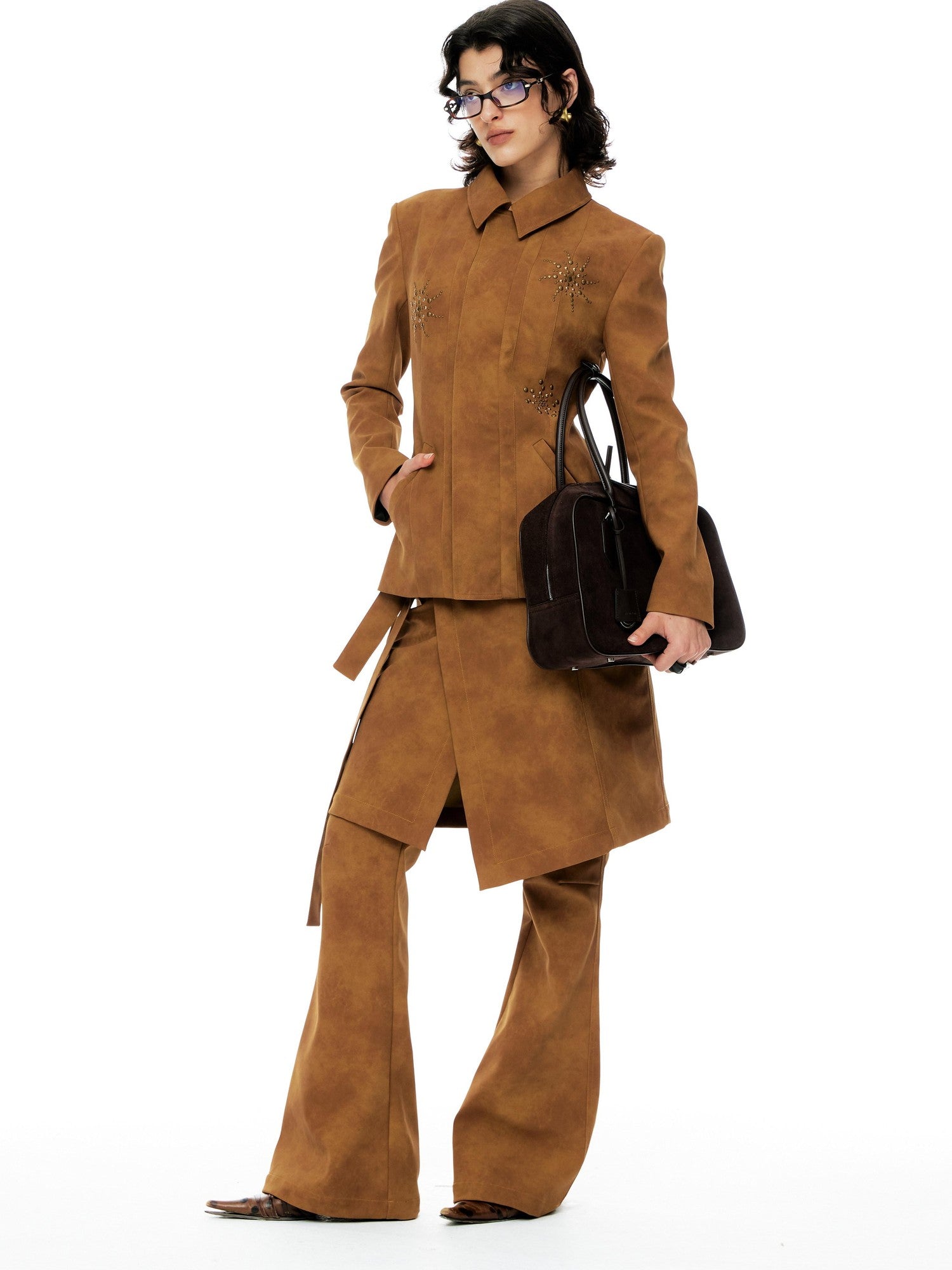 YOSHUYUKI Chestnut Suede Rhinestone Waist Cinch Slim Blazer Women&
