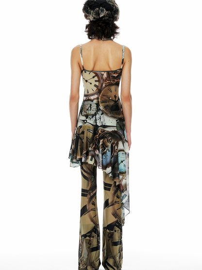 YOSHUYUKI Clock Print Mesh Slip Dress Asymmetric Hem Sheer V-Neck T-Shirt Long-Sleeve