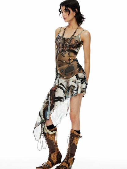 YOSHUYUKI Clock Print Mesh Slip Dress Asymmetric Hem Sheer V-Neck T-Shirt Long-Sleeve