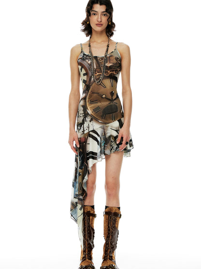 YOSHUYUKI Clock Print Mesh Slip Dress Asymmetric Hem Sheer V-Neck T-Shirt Long-Sleeve