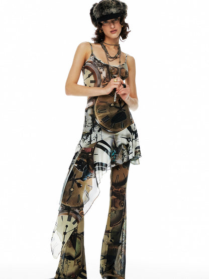 YOSHUYUKI Clock Print Mesh Slip Dress Asymmetric Hem Sheer V-Neck T-Shirt Long-Sleeve