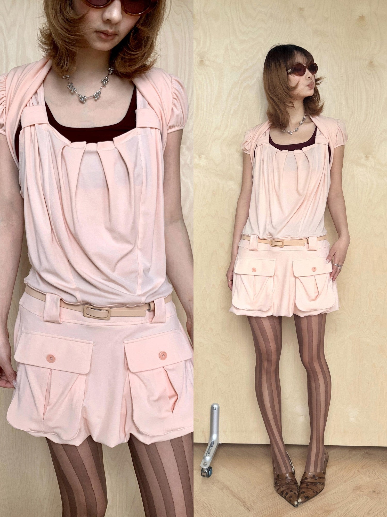 YOSHUYUKI Colorblock Pink Orange Large Pocket Knit Vest Women&