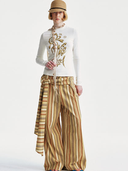 YOSHUYUKI Contrast Stripe Wide Tie Waist Trousers