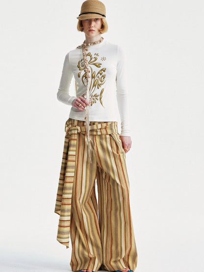 Contrast Stripe Wide Tie Waist Trousers